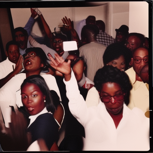 Long shot, dark skin black woman in white button down shirt at a crowded party in downtown loft, anatomically correct, vintage color polaroid photography by Andy Warhol