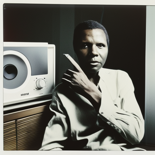 Sidney Poitier, wearing white button down shirt, sitting next to a stereo in the apartment from the Shaft movie, vintage color polaroid, by Andy Warhol—v 4