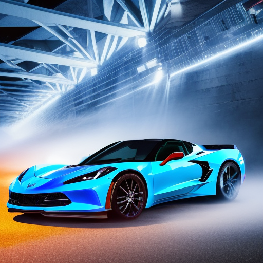 dutch angle photo silhouette of a 2022 C8 Corvette coupe rapid blue color with the car lights piercing the dense fog, low light, dark mode, city street close up