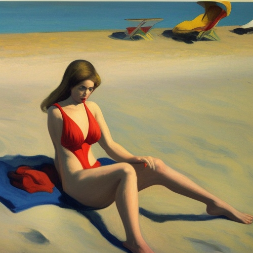 sexy female in swimsuit at the beach, edward hopper, some shells in the sand, a sailor in the background
