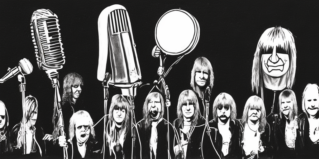a drawing of a living Microphone with an face on the stage with the Band Spinal Tap