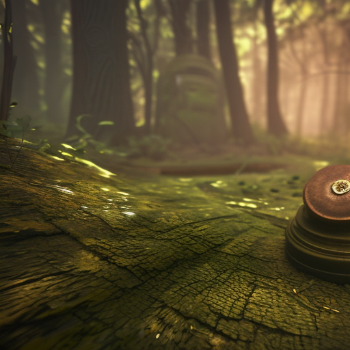 a close shot to a mysterious relic in the middle of the forest, unreal engine 5, depth of field, rule of thirds, contest winner, cgsociety