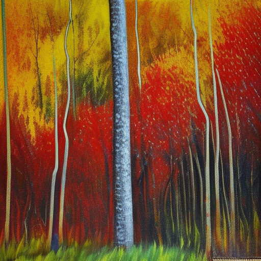 The autumn forest is brightly decorated. Through the tall yellow-red grass you can see the trail, which has several branches. Tall trees with bright yellow and red foliage frame the canvas at the edges. In the bright colors of the fading forest, two dark figures can be discerned in the background of the painting. A small, light-colored house with a red-sloping roof can also be seen in the background. 