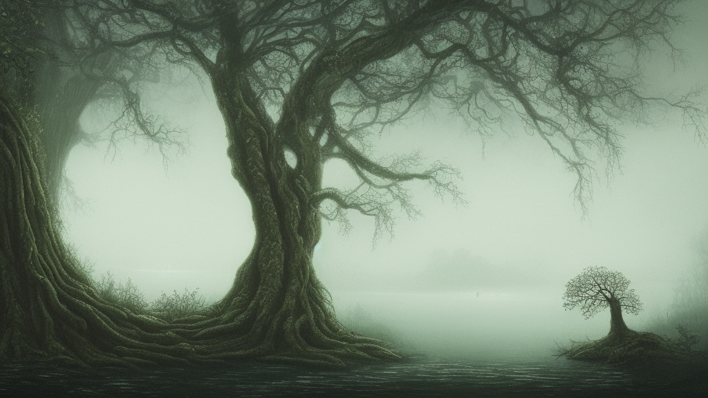 an ultra detailed painting of a fantasy forest at night, nestled in a riverbank is gigantic ancient tree with a water sprite in a beautiful white dress sitting on the lowest bough, the moon can be seen through the trees and is veiled by fog, fog obscures the background, midnight, dark fantasy