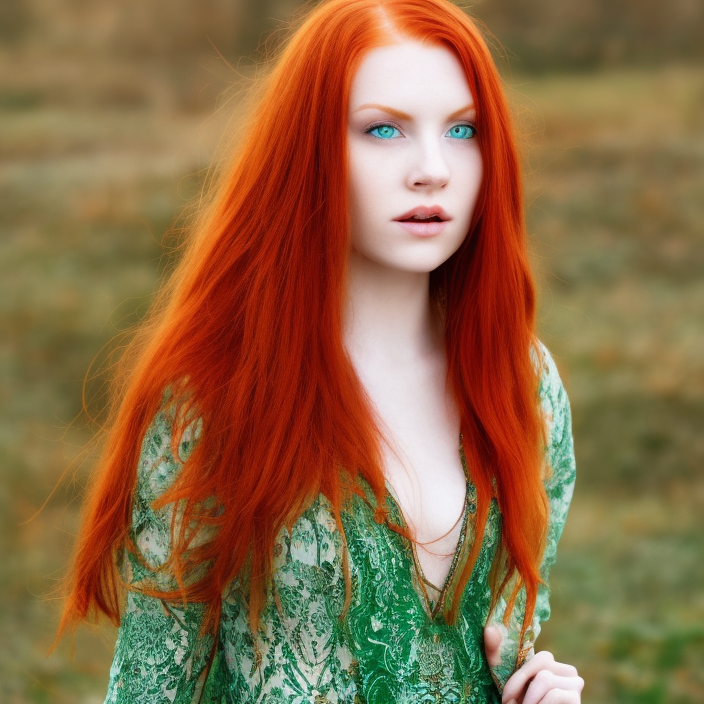full body detailed shot of a beautiful red haired woman with a beautiful face, green eyes high detail, intricate clothing, looking at the camera, dreamy background