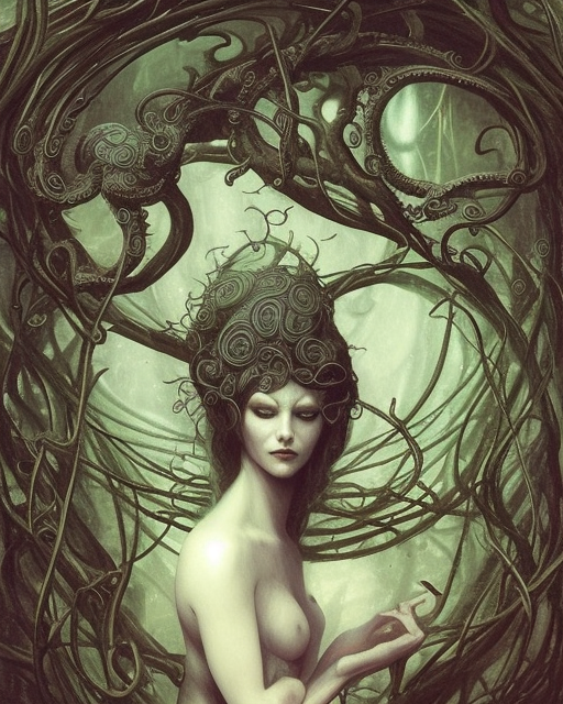 centered beautiful detailed portrait of a insane, crazed, mad old woman, ornate tentacles growing around, ornamentation, thorns, vines, tentacles, elegant, beautifully soft lit, full frame, by wayne barlowe, peter mohrbacher, kelly mckernan, h r giger