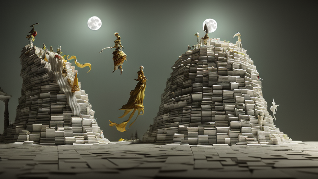large full moon, figurines, stairways made of books, tilt shift, realistic physical, style of 3 d, occlusion, white clay, style of dave mckean and shuzo oshimi, full of color, octane render, cinematics, occlusion, transparency