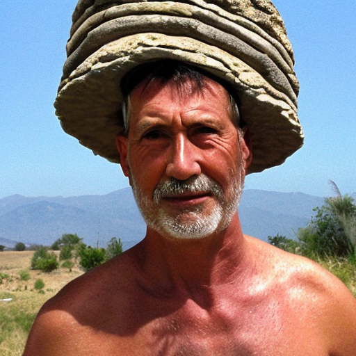 man wearing a stone hat