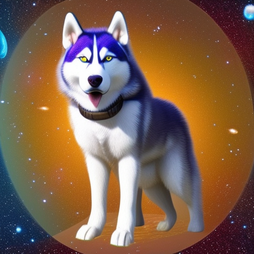 Create an image of a realistic 3D husky standing in a space-like setting, surrounded by a vibrant galaxy background. The husky should be highly detailed and hyper-realistic, with studio lighting highlighting its features and giving it a lifelike appearance. The galaxy background should be equally detailed and photo-realistic, with various colored stars, nebulae, and other celestial bodies creating a sense of depth and wonder. The husky should be posed in a dynamic and interesting position, possibly looking towards the viewer with a sense of curiosity or wonder. Overall, the image should be highly detailed and visually stunning, capturing the beauty and mystery of space.