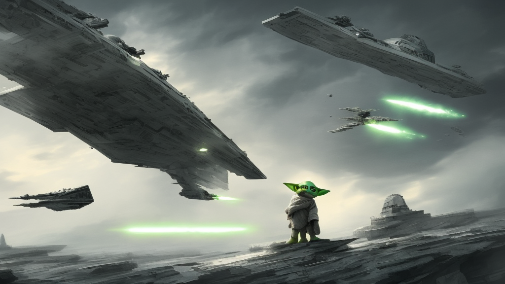 Baby Yoda destroying Star Destroyer with the Force, hyperdetailed, artstation, cgsociety, 8k