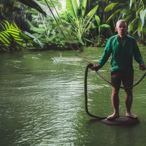 man wearing dark green rope standing on a fish in jungle