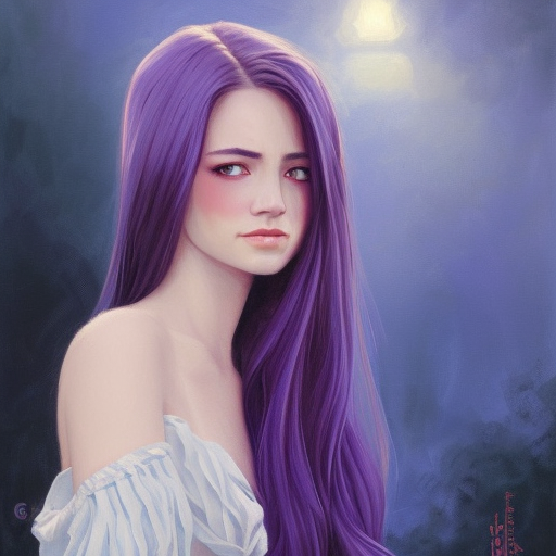 facial portrait of a young pretty woman in flowing dress, arrogant, mysterious, long fine purple hair, delicate, looking at camera!!!, slightly awkward smile!, realistic face, no hands visible, intricate, stylish, elegant, grimdark fantasy, vibrant, extremely detailed painting by Greg Rutkowski and Steve Henderson and Harumi Hironaka