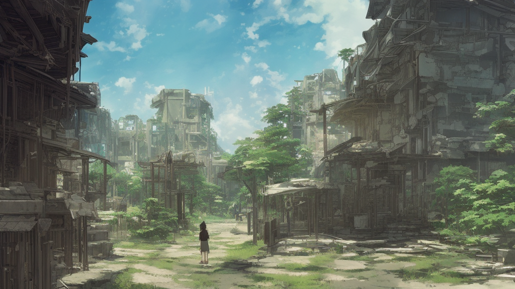 A ruins of a Town, Anime concept art by Makoto Shinkai