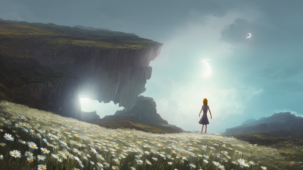 giant white daisy flower over the head, girl walking on cliff, surreal photography, solar eclipse, milky way, dramatic light, impressionist painting, clouds, digital painting, artstation, james gilleard, liam wong, jeremy mann, simon stalenhag