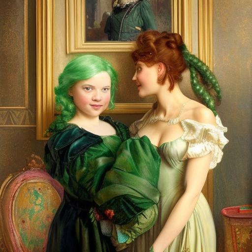 Greta Thunberg with Green hair flirting with her attractive mistress. the mistress is also flirting back, the mistress is also wearing pants highly detailed painting by gaston bussiere, craig mullins, j. c. leyendecker