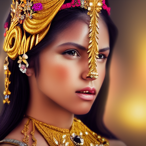 a close up of beautiful girl wearing a crown wearing and golden jewellery surrounded by colourful intricate patterns,, intricate painting, hyper realistic, extremely detailed and beautiful aesthetic face, 8 k resolution ultra-realistic potrait cinematic lighting 80mm lens, 8k, photography