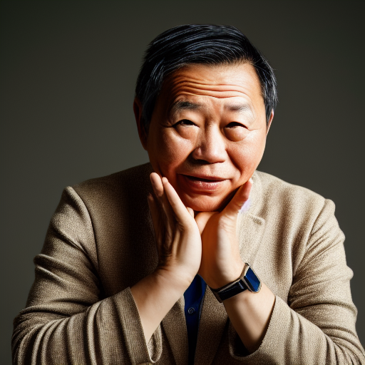 photo of a middle-aged asian man in the style of Annie Leibovitz, realistic, professionally, professionally color graded, half body shot, sharp focus, 8k high definition, intricate, elegant, extreme bokeh, 