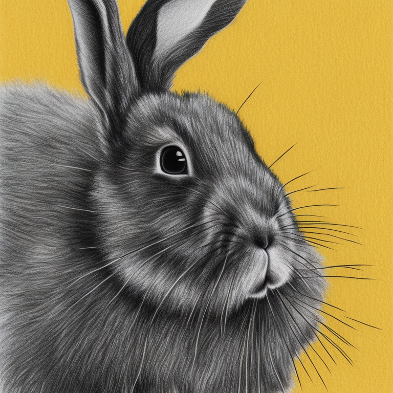fluffy, cute, black,realistic, cinematic rabbit on yellow background in the style of a pencil drawing
