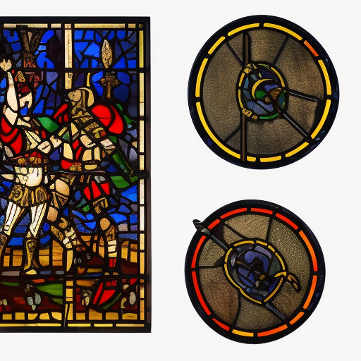 dark medieval, duel of two gladiators, triumphant young evil gladiator defeating good gladiator with sword and shield, evil, Warhammer fantasy, stained glass, black and red, gold and blue, grim-dark, gritty