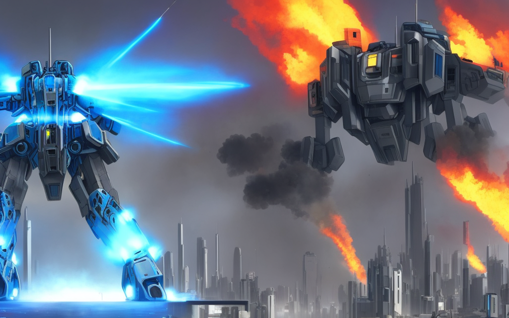 very realistic large battle mech firing missiles, inside tall futuristic city, second mech exploding and on fire with blue panels  

