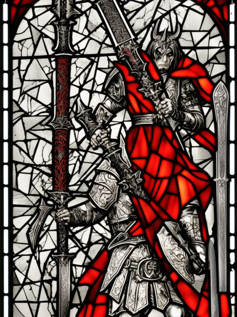 a young evil satanic triumphant gladiator with a big demonic sword, Warhammer fantasy, stained glass, black and red, grim-dark, detailed