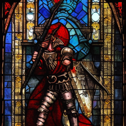 dark medieval, triumphant young evil gladiator beating a good gladiator, Path of Exile, Warhammer fantasy, black and red, gold and blue, stained glass, grim-dark, gritty