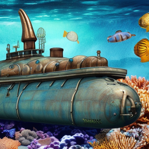 steampunk submarine with marine life