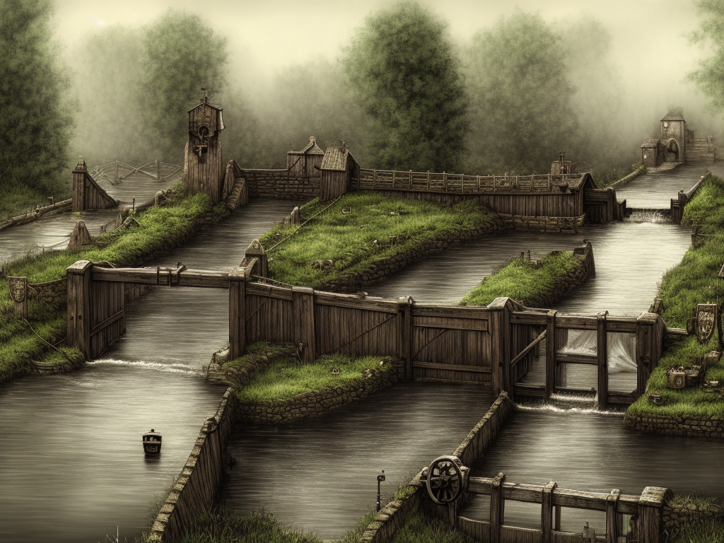 Dark medieval river lock with sluices on wide river with rocks, lock gates, single house, Warhammer fantasy, summer, bushes, trees, nets, fishing, fish, water-lily, boat, poor, black adder, muddy, puddles, misty, overcast, Dark, creepy, grim-dark, gritty, detailed, realistic, illustration, cinematic, high definition