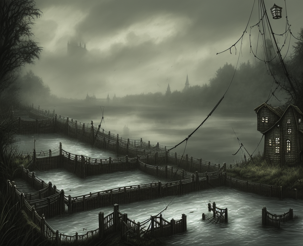 dark medieval wide river, river lock with two sluices between island and shore, different water levels, Warhammer fantasy, single building, summer, trees, fishing, nets, black adder, misty, overcast, Dark, creepy, grim-dark, gritty, Yuri Hill, hyperdetailed, realistic, illustration, high definition