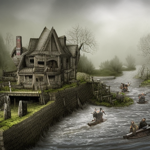 dark medieval wide straight river, rocky rapids, levelled water, Warhammer fantasy, lock with two sluices between island and shore, house, rocks, summer, trees, nets, fishing, black adder, muddy, misty, overcast, Dark, creepy, grim-dark, gritty, hyperdetailed, realistic, illustration, high definition
