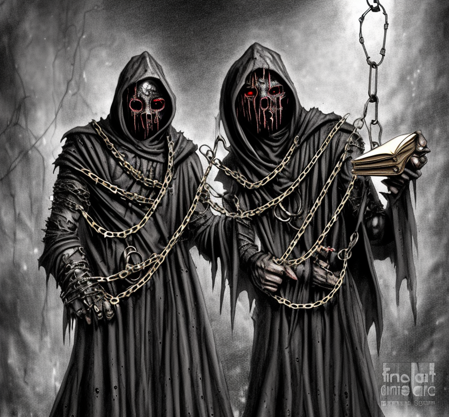 cultist of Belakor in black hood holding book in medieval dark alley, belt made from chains, soot-covered face, big black nails in flesh, black shadow magic, Warhammer fantasy, creepy, grim-dark, gritty, realistic, illustration, high definition