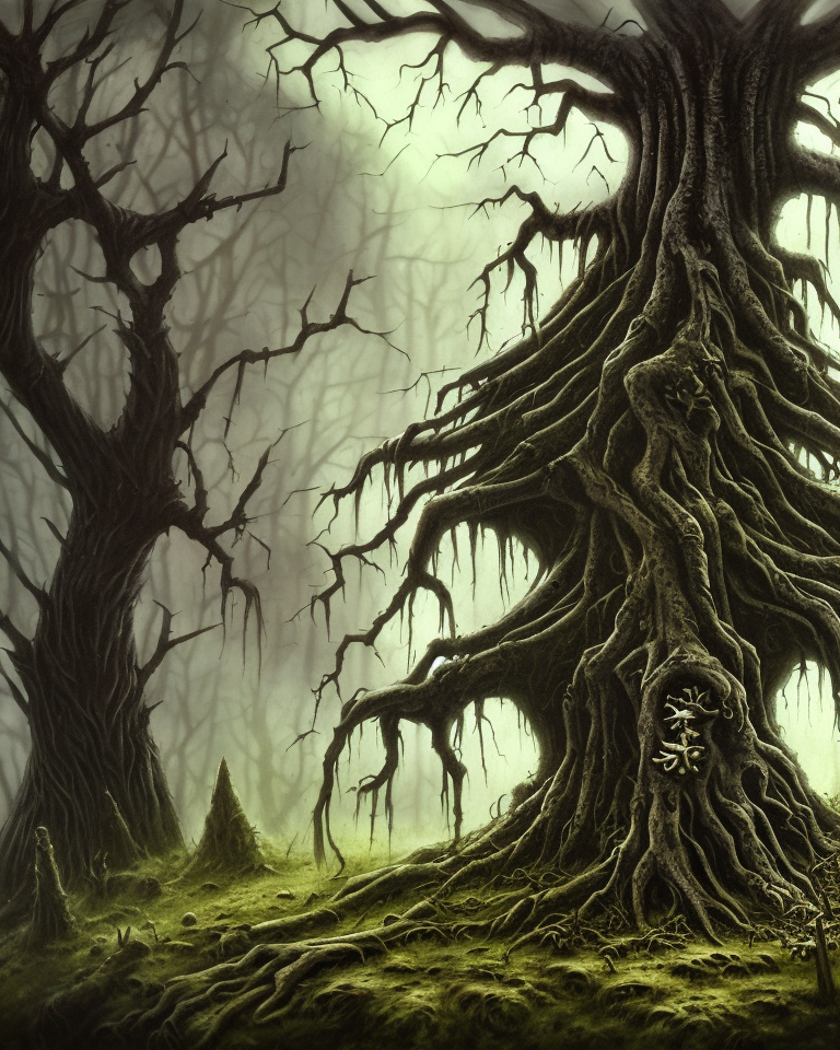 dark medieval, gnarled tree with offerings, bare roots, hole in the ground, Warhammer fantasy, summer, trees, misty, overcast, Dark, creepy, grim-dark, gritty, Yuri Hill, hyperdetailed, realistic, illustration, high definition, 4K, oil on canvas