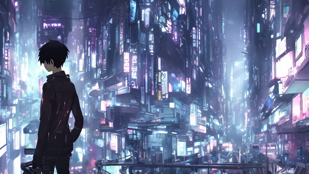 android mechanical cyborg in overcrowded urban dystopia raining makoto shinkai wide angle shot
