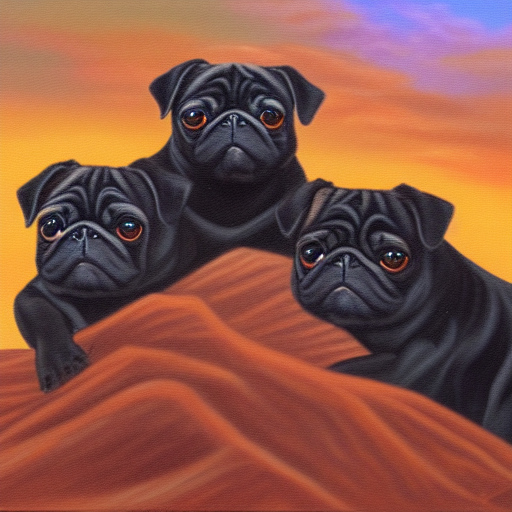 Oil painting of black pugs on mars
