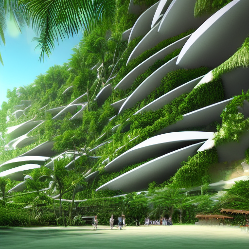 bioclimatic biomimicry architecture with greens, in tropical beach, realistic, artstation.