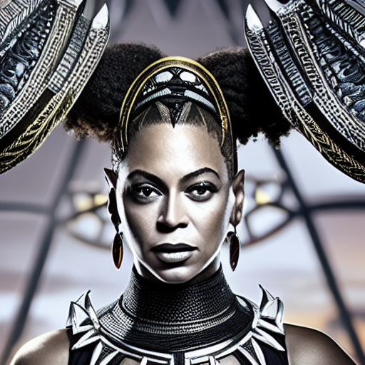Beyoncé as black panther ultra-realistic portrait cinematic lighting 80mm lens, 8k, photography bokeh