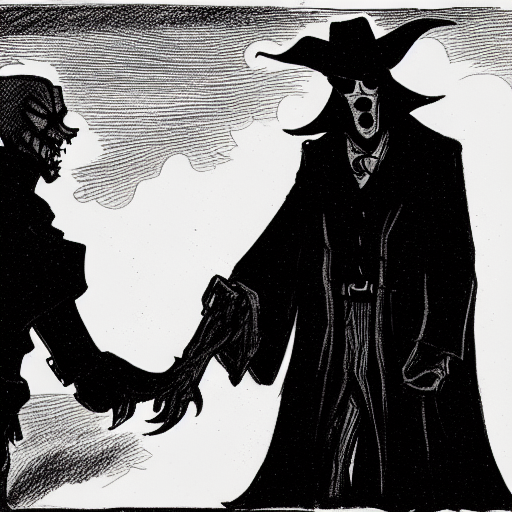 A shadowy outlaw making a deal with an eldritch creature