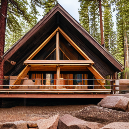 a long wooden cabin with pitch roof and modern glass details with sweeping view of lake tahoe ultra-realistic portrait cinematic lighting 80mm lens, 8k, photography bokeh