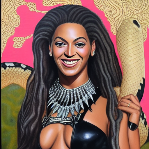 A Happy Beyonce as Black Panther petting a snake , detailed oil painting