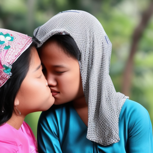 two preteens kampung malay girl kissing in hari raya 