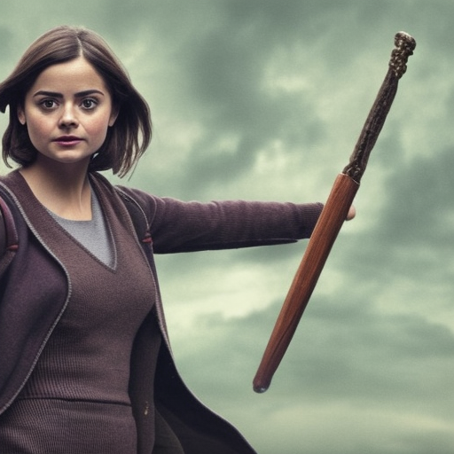 Jenna Coleman in the world of harry potter with a wand in a duel photograph photorealistic
