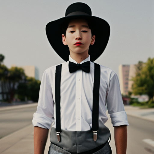 suspenders, solo, hat, bowtie, 1boy, bow, male_focus, shirt, black_hair, white_shirt, cabbie_hat, korean, realistic