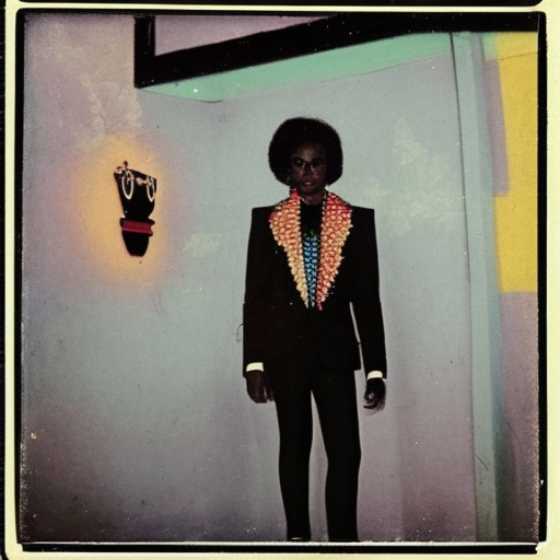 African drag queen wearing a black suit, in a seaside bar In Kingston, Jamaica, vintage color polaroid, by Andy Warhol—v 4