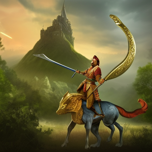 Create an image of a brave hero standing in front of a mythical creature. The hero should be holding a sword and have a determined look on their face, ready for battle. In the background, there should be a grand and mystical castle, surrounded by lush green forests and rolling hills. The colors used should be vibrant and the overall scene should give off a sense of adventure and excitement. digital painting, by Stanley Artgerm Lau, Sakimichan, WLOP and Rossdraws, digtial painting, trending on ArtStation, SFW version