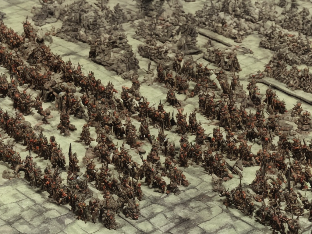 Army of demons marching,  distant top view at 45 degrees