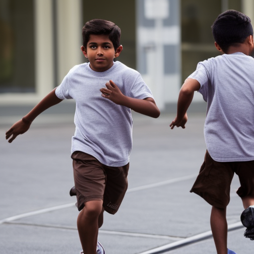 Two brown boys running to the side with duffle bags
