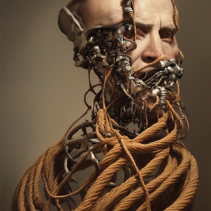 portrait of a Shibari rope wrapped around the face and neck of an old cyborg merchant, mouth wired shut, headshot, insanely nice professional hair style, dramatic hair color, digital painting, of a old 17th century, amber jewels, baroque, ornate clothing, scifi, realistic, hyper detailed, chiaroscuro, concept art, art by Franz Hals and Jon Foster and Ayami Kojima and Amano and Karol Bak,