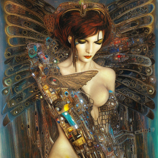 winged cyberpunk demoness trapped in circuitry, intricate detail, miro, royo, whealan, klimt,
