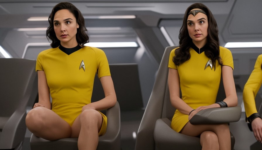 Gal Gadot, wearing yellow, is the captain of the starship Enterprise in the new Star Trek movie