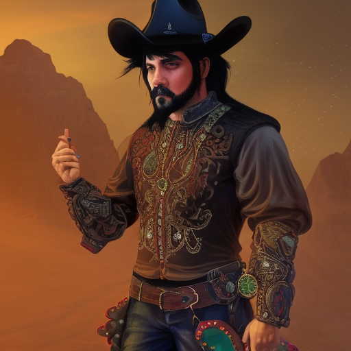 Cowboy with Goatee and Black Hair, Full Body, Front View, Intricately Detailed in Artstation Unreal Engine 5 Triadic Colors Detailed Matte Painting, Deep Color, Fantastic, Intricate Details, Splash Screen, Complementary Colors, Fantasy Concept Art, 1K Resolution, Artwork deviantart's gothic cousin